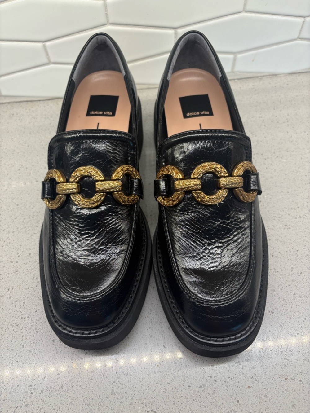 Dolce Vita Black Leather Platform Loafers with Chunky Gold Chain